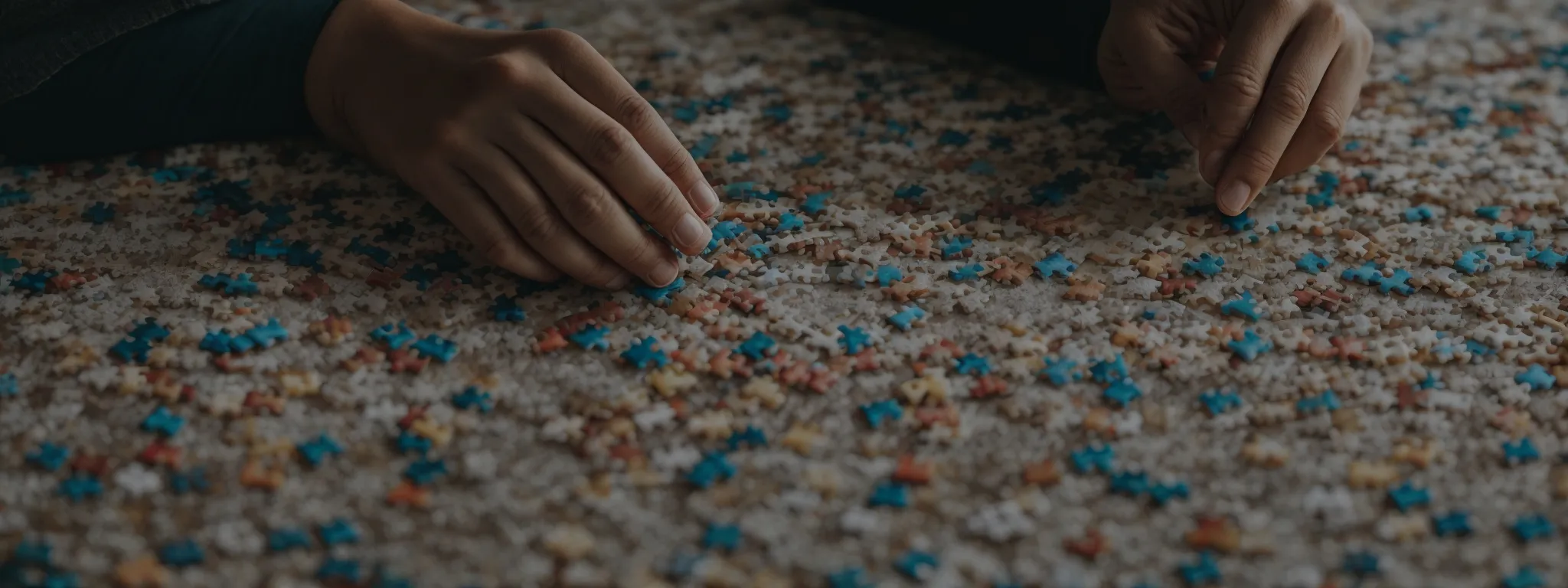 a person pondering over a jigsaw puzzle representing the complexities of search intent in seo.