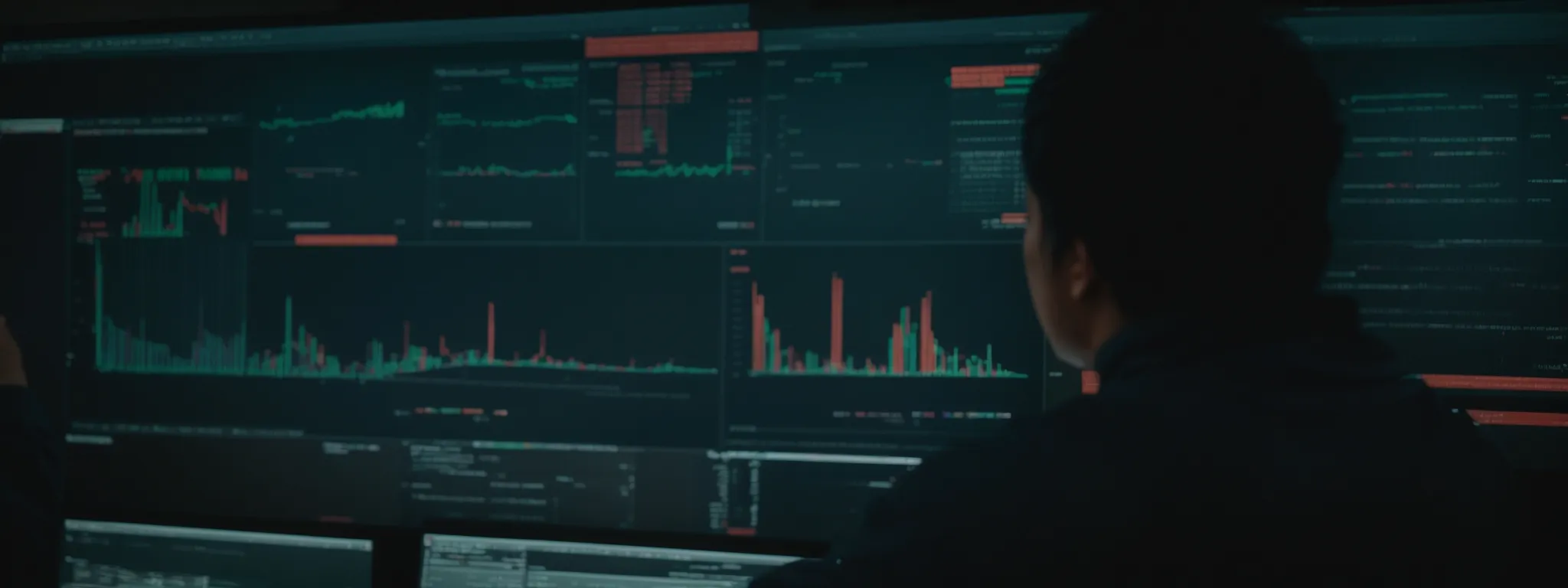 a person intently analyzes graphs and charts on a computer screen, reflecting the dynamics of seo performance.