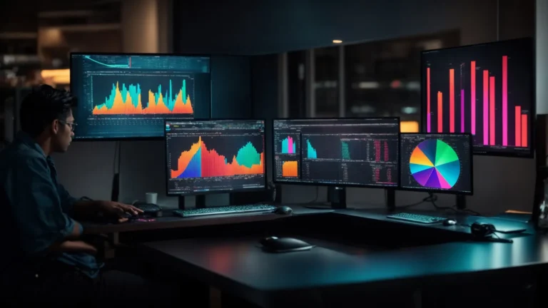 a person sitting at a computer analyzing colorful graphs and charts on a screen, representing keyword performance metrics.