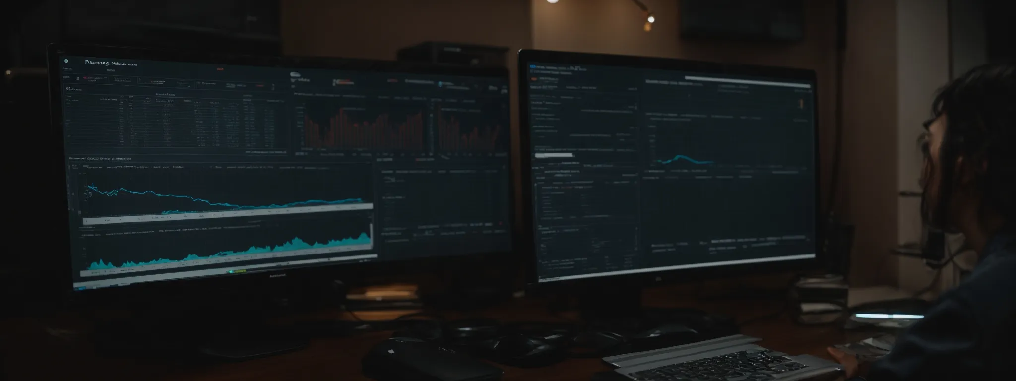a user gazes at a sleek and organized computer dashboard displaying a variety of keyword analytics tools.