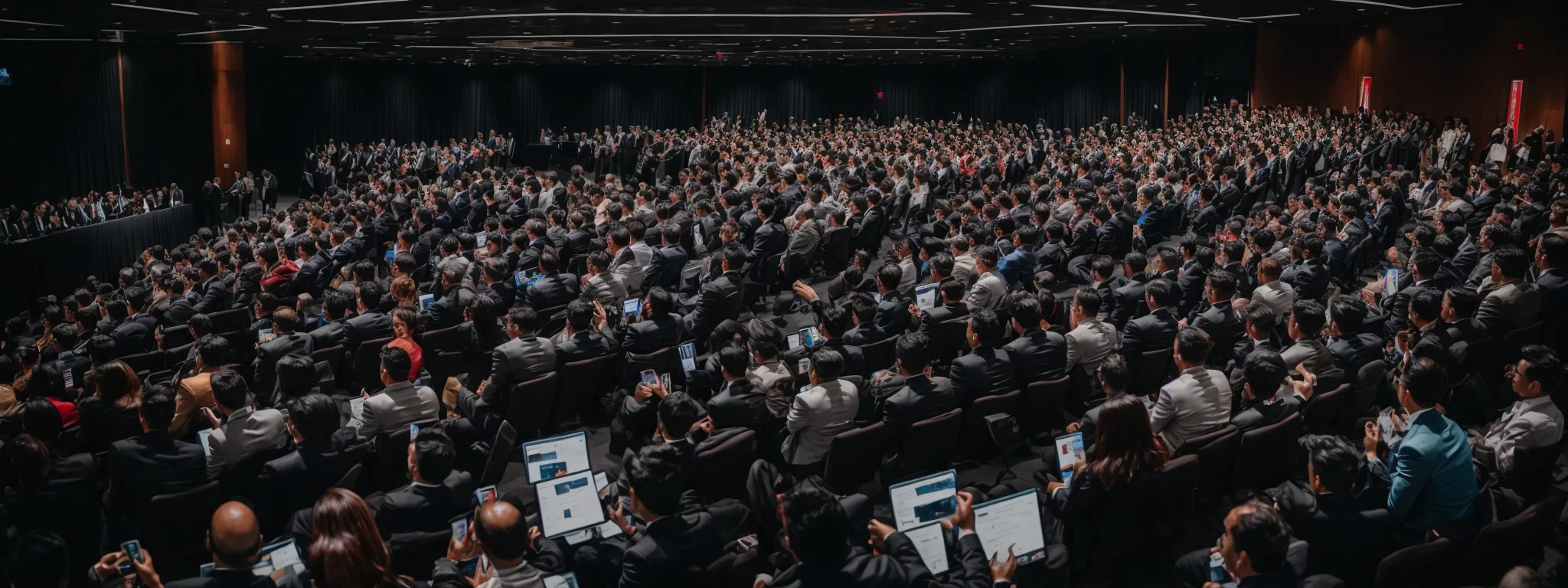 a crowded digital marketing conference with professionals discussing strategies around a large, central screen displaying seo graphs and analytics.