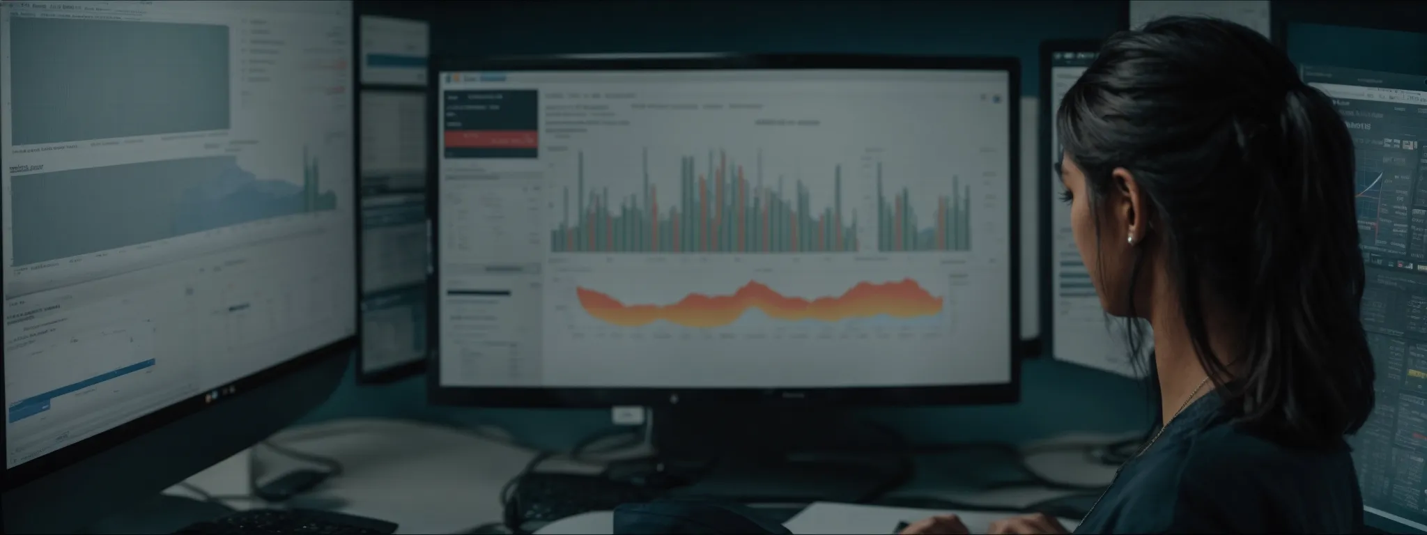 a marketer studying graphs on a computer screen showing search engine rankings and keyword performance metrics.