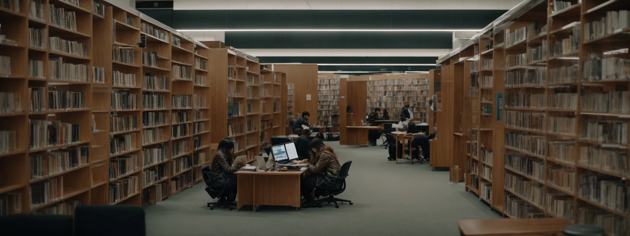 a serene library with people quietly studying seo strategies on their laptops amidst rows of digital marketing books.