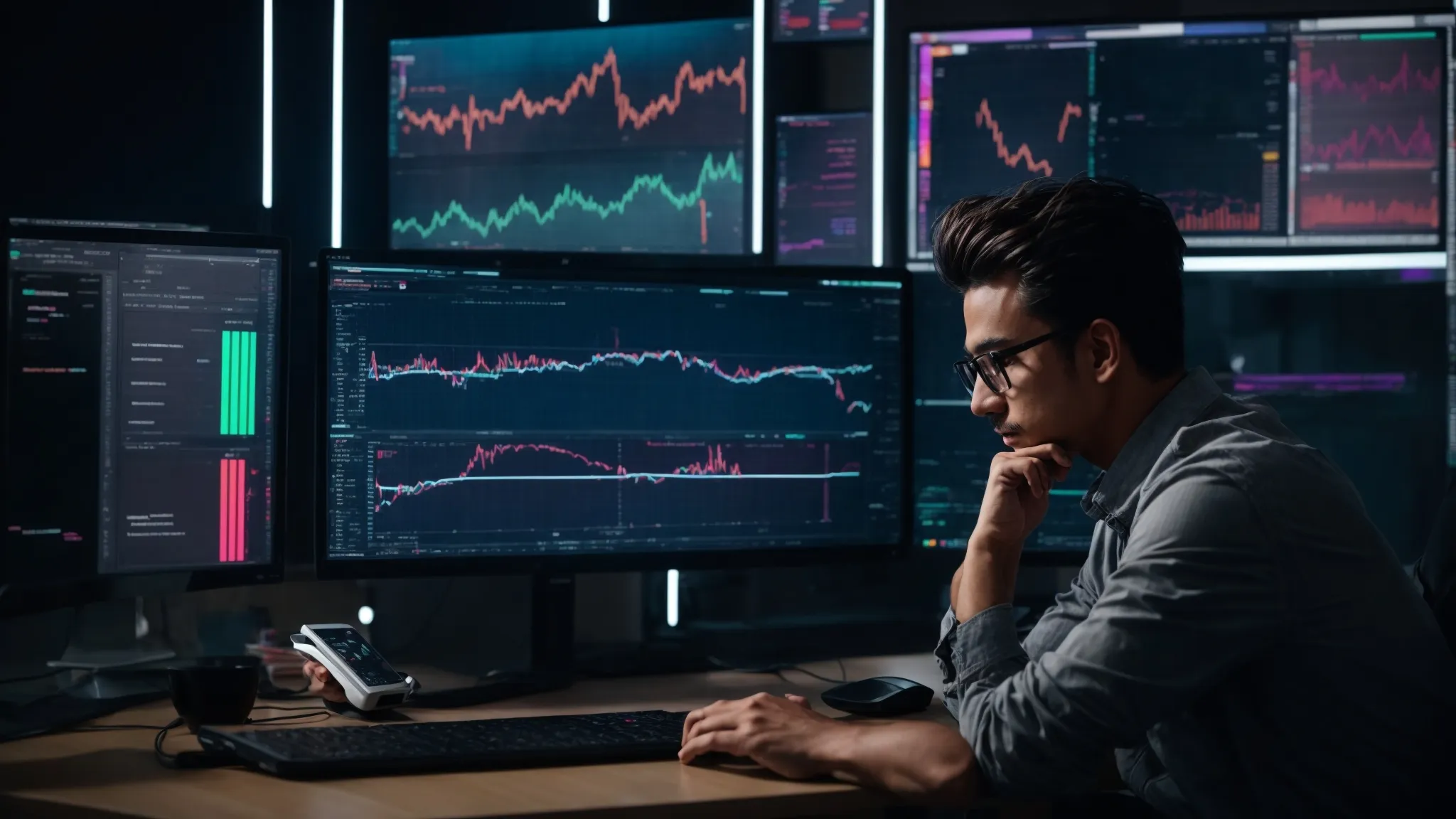 a focused individual sits in front of a dual-monitor setup, analyzing colorful search trend graphs and keyword analytics on a dashboard.