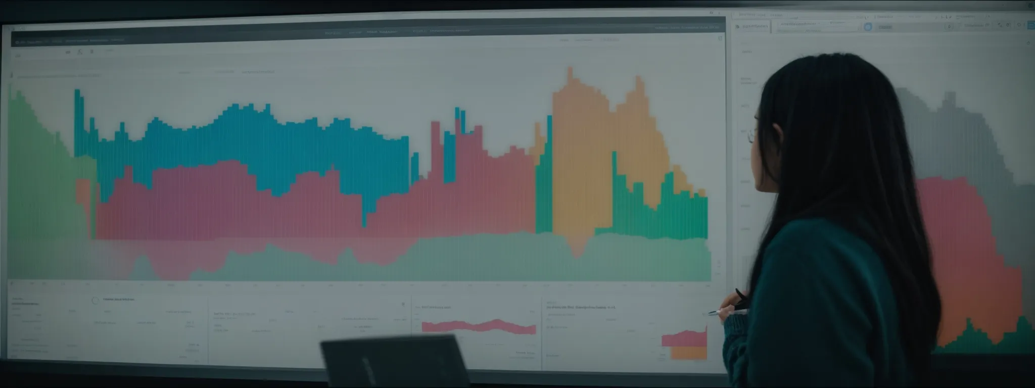 a person analyzing colorful graphs on a computer screen, depicting keyword research statistics.