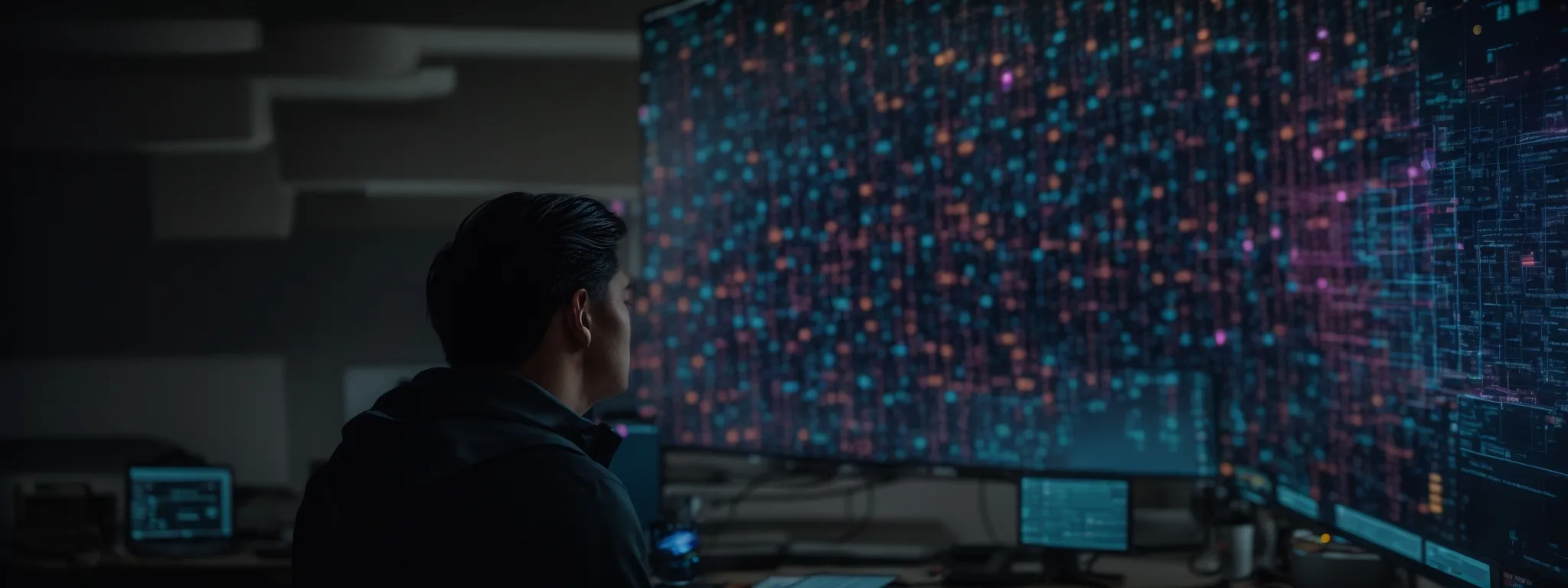 a strategist gazes intently at a vibrant computer screen displaying a web of interconnected keywords highlighting paths and nodes signifying high-value search terms.