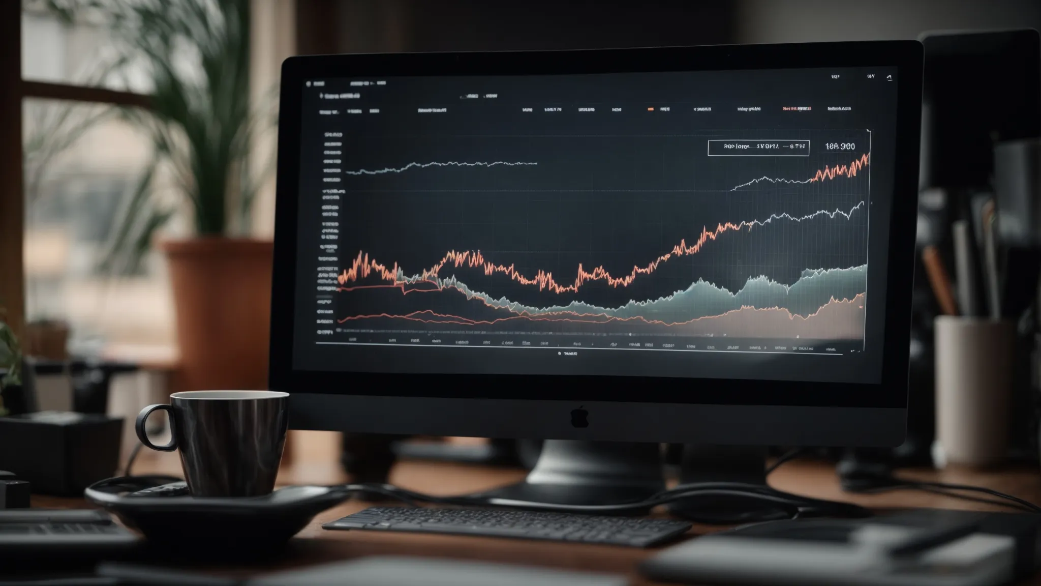 a computer screen displays a rising graph chart alongside web analytics tools, symbolizing seo growth.