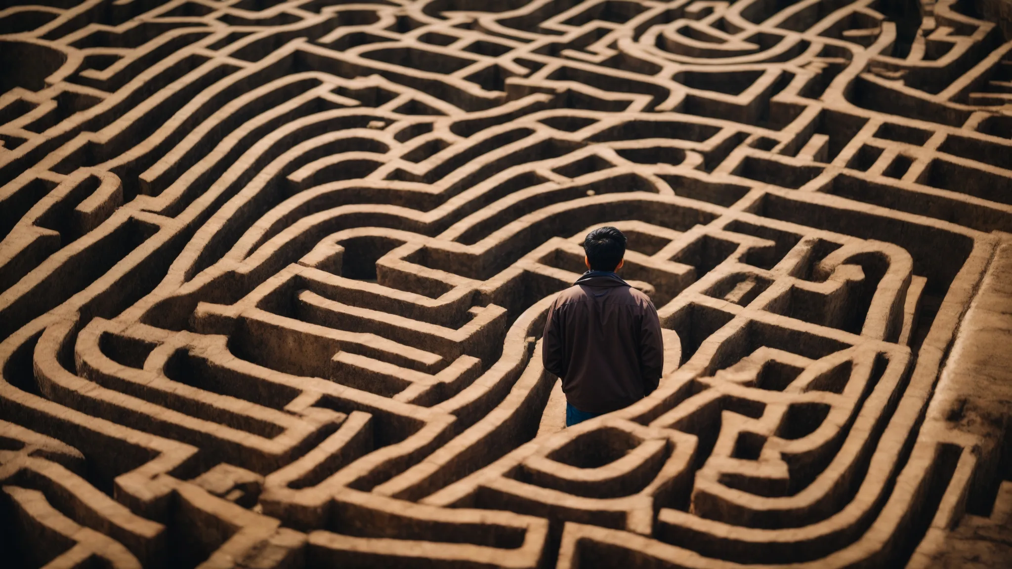 a person intently examining a large, intricate maze from above, searching for a hidden path.
