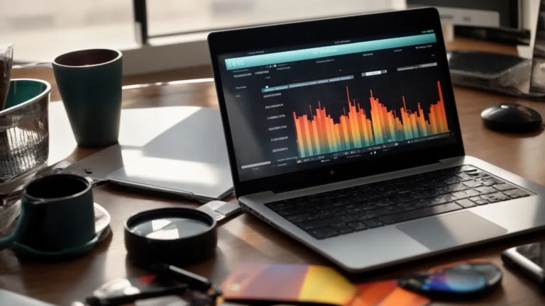 a laptop on a desk displaying colorful analytics graphs with a magnifying glass and a checklist beside it.