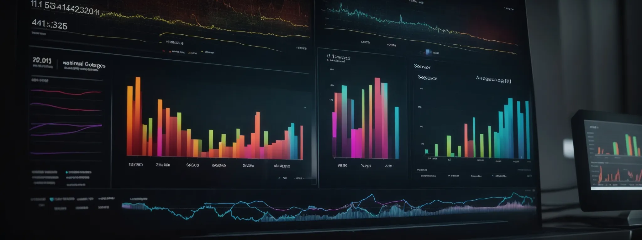 a computer screen displaying colorful graphs and charts representing keyword performance trends in search engine results.