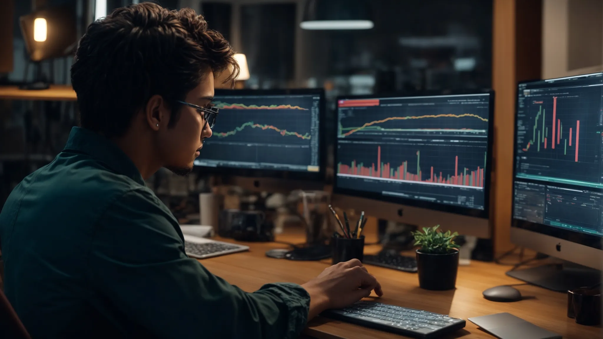a person sitting at a desk with multiple computer screens displaying colorful graphs and search analytics.