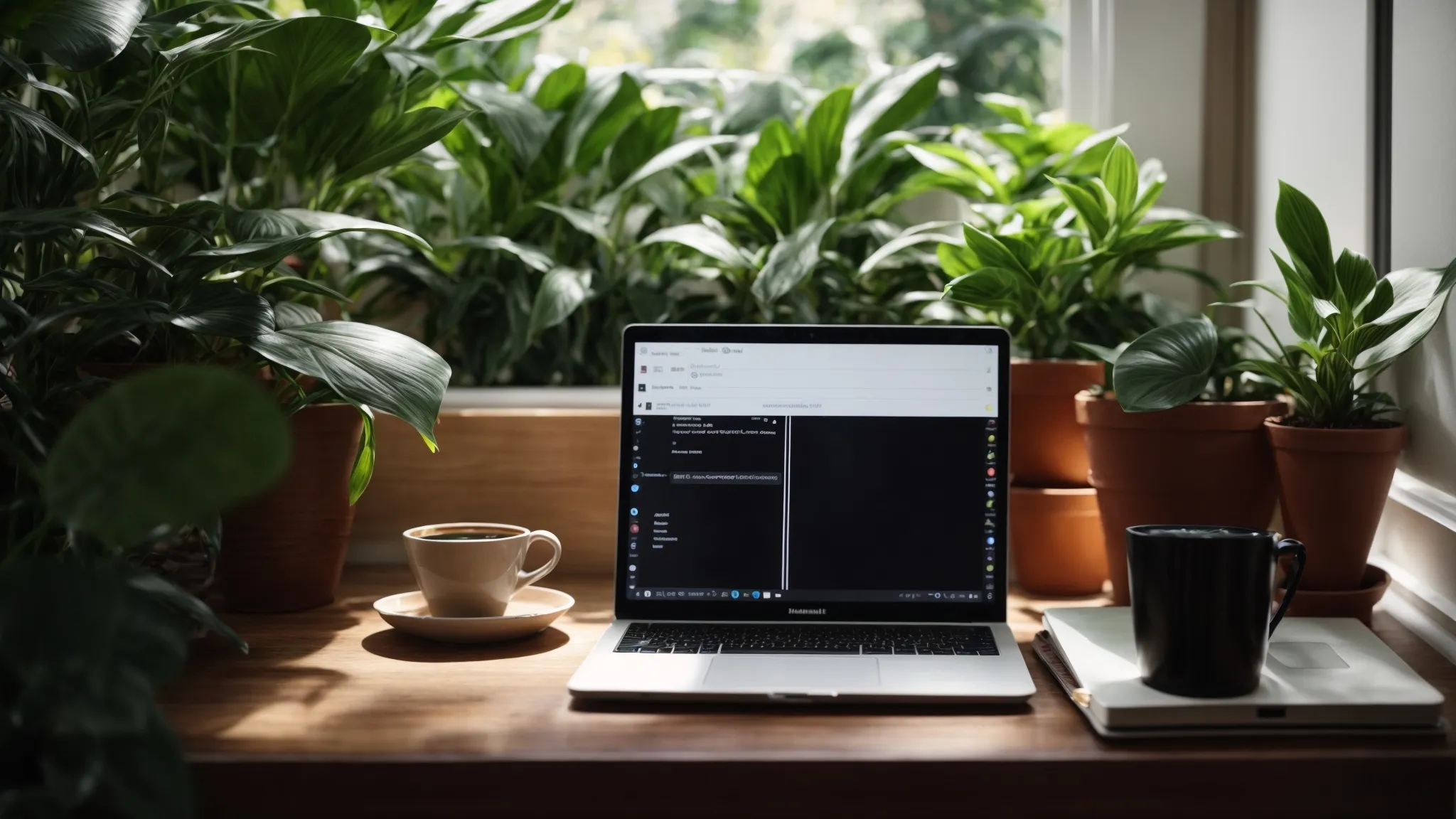 a laptop, notepad, and a cup of coffee on a wooden desk, surrounded by houseplants in a bright workspace.