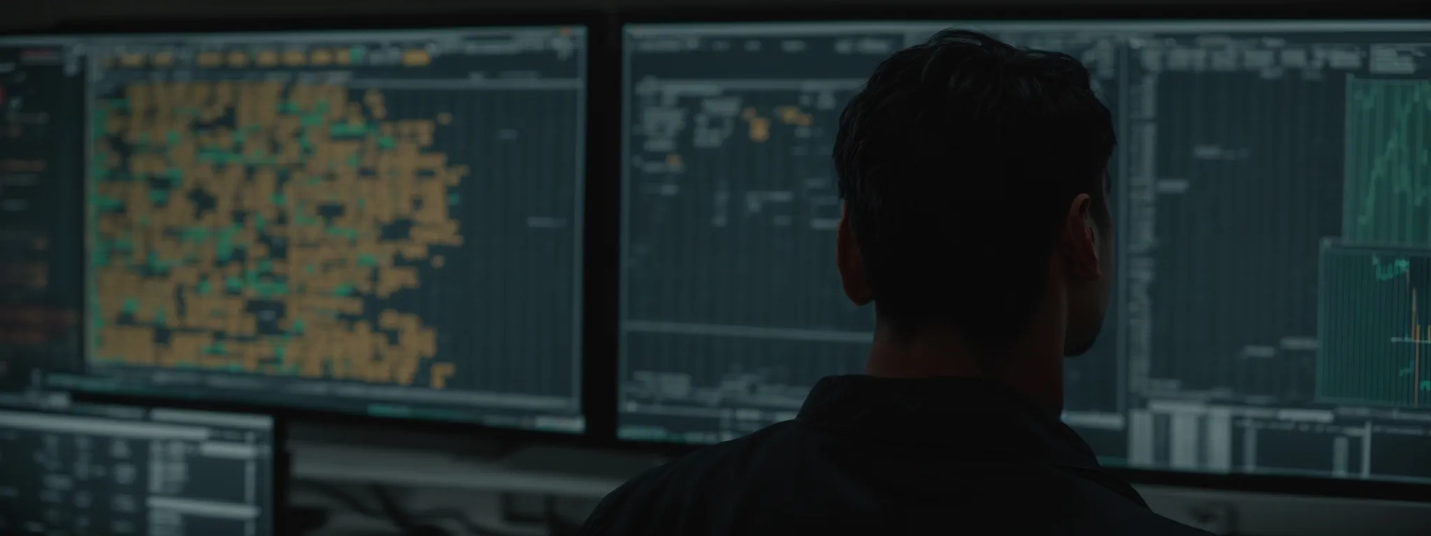 a focused individual intently analyzes data on a large computer screen, strategically mapping out seo plans.