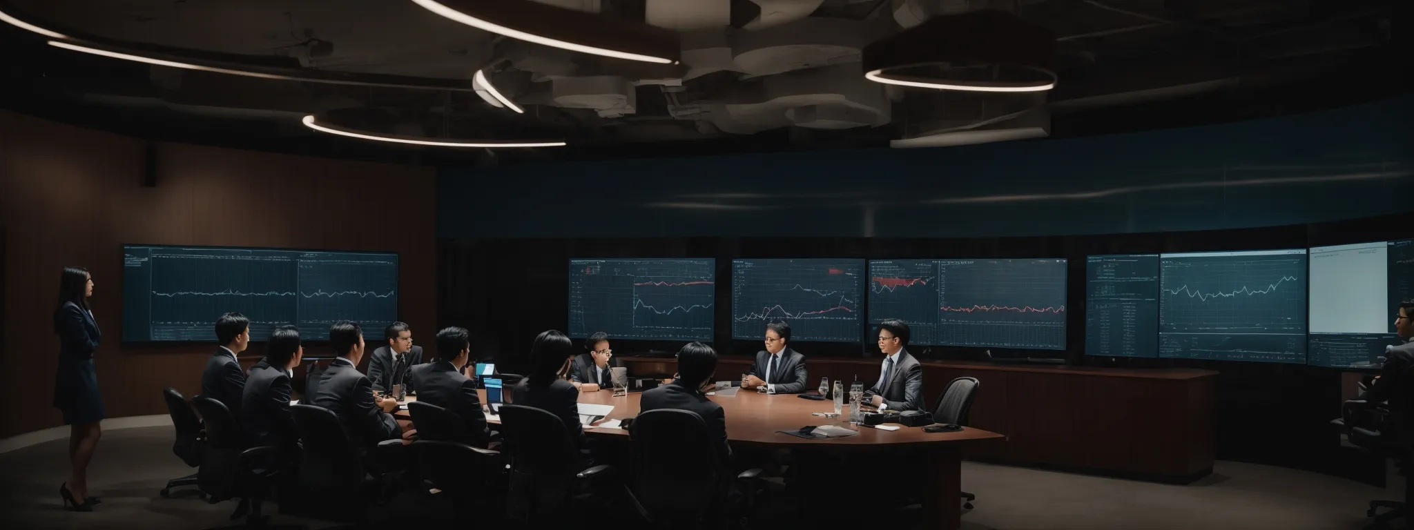 a board room with a digital marketing team analyzing charts and data on a large screen.