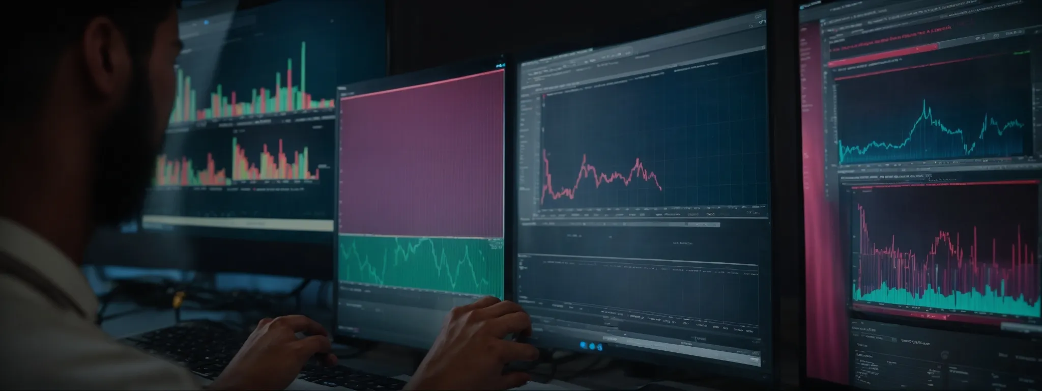 a digital marketer analyzes a vibrant dashboard displaying keyword trends and competition levels on a computer screen.