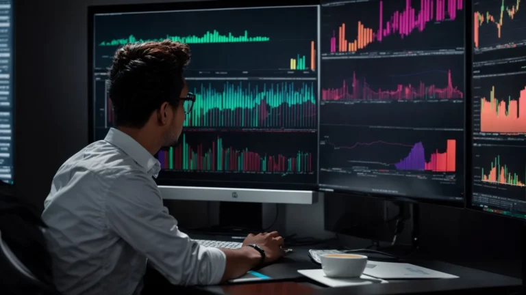 a person sits at a computer, analyzing colorful graphs and charts depicting various keyword trends and volumes on the screen.