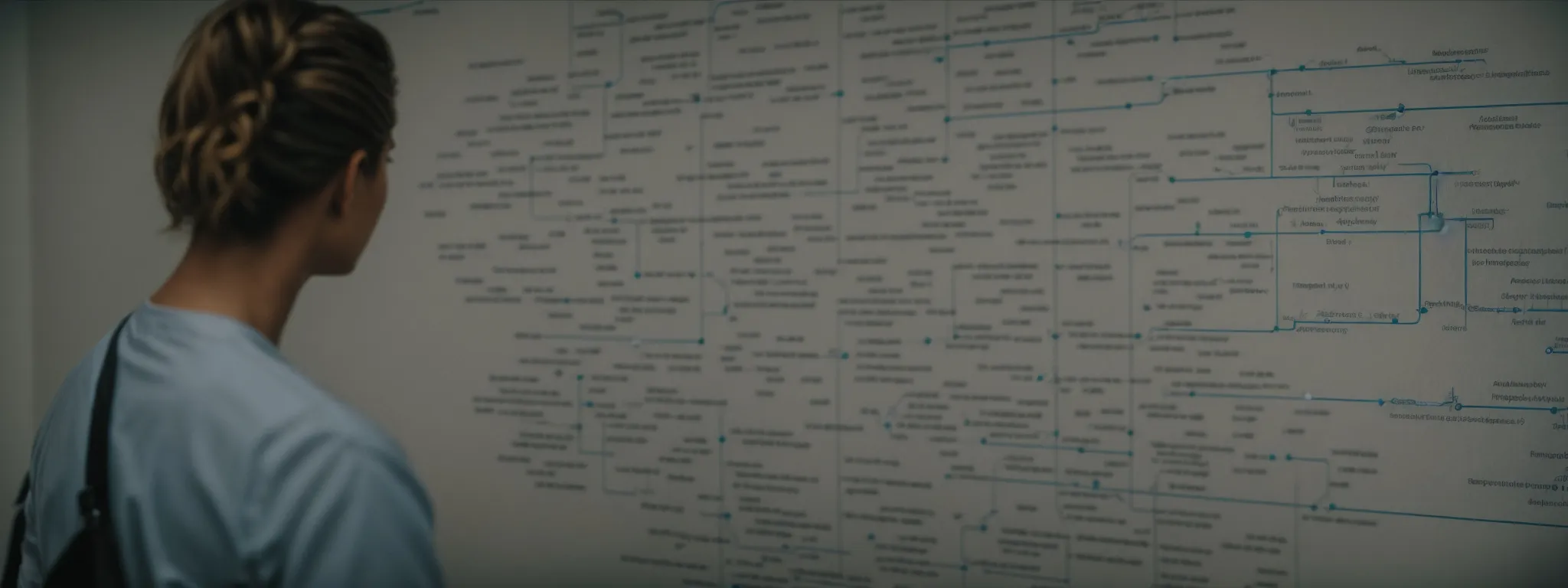 a person examining a large, complex flowchart with various keywords connected by lines on a whiteboard.