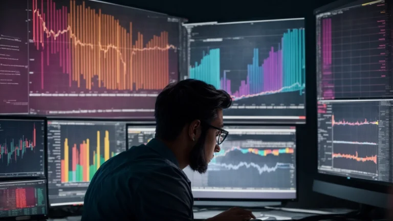 a person intently studying multiple colorful graphs and charts on a computer screen, reflecting metrics and trends analysis.