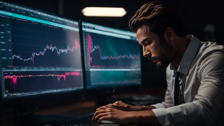 a marketer analyzing a vibrant dashboard displaying search engine rankings and keyword performance on a computer screen.