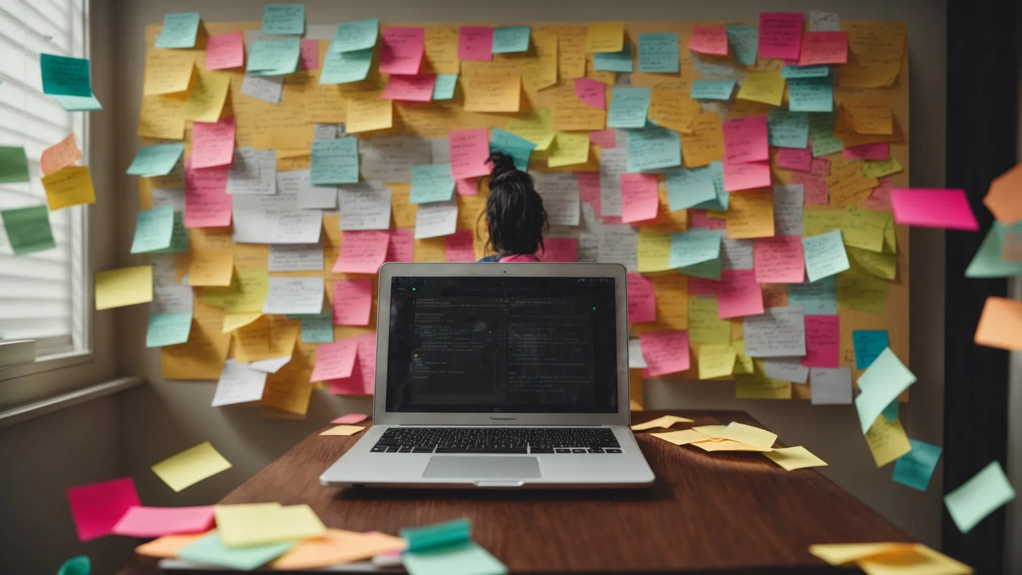 a person typing on a laptop, surrounded by colorful sticky notes and a whiteboard with a list of trending topics.