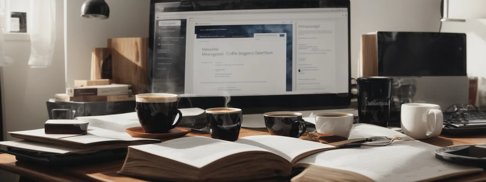 a desktop with a marketing strategy book, a cup of coffee, and a computer displaying search engine results.