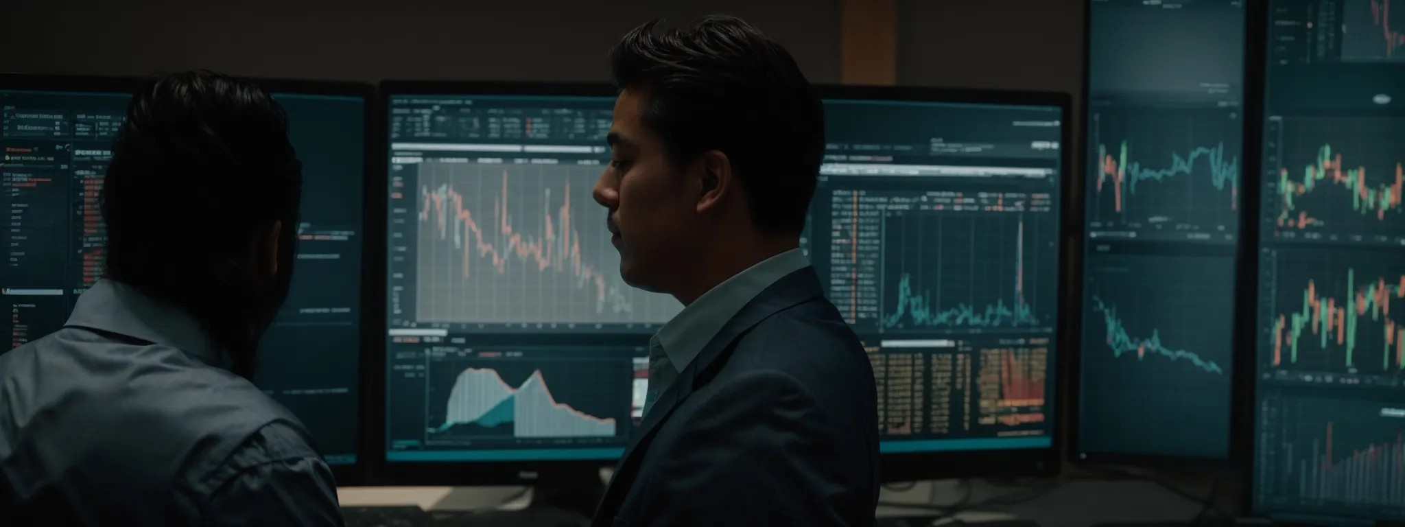 a business professional reviewing data analytics on a computer screen with the searchatlas interface visible.