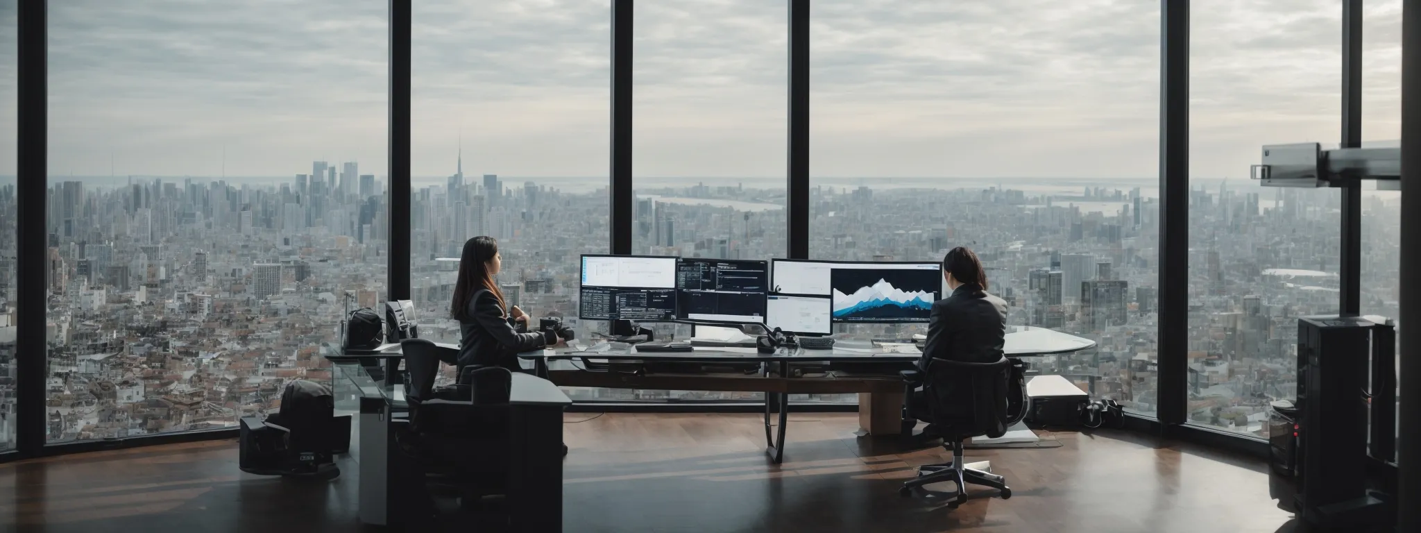 a person sits at a sleek workspace, overlooking a panoramic city view while engaged with a high-tech interface displaying seo analytics.