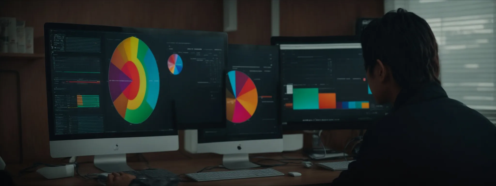 a person is sitting in front of a computer, analyzing a colorful pie chart representing different keyword segments.