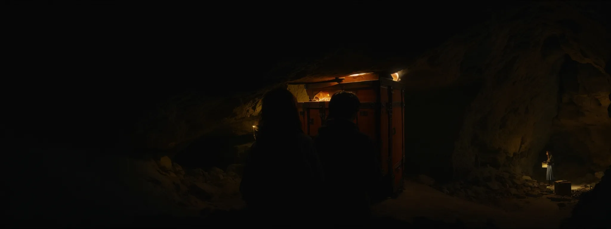 a person gazing at an open, glowing treasure chest in a dark cave.
