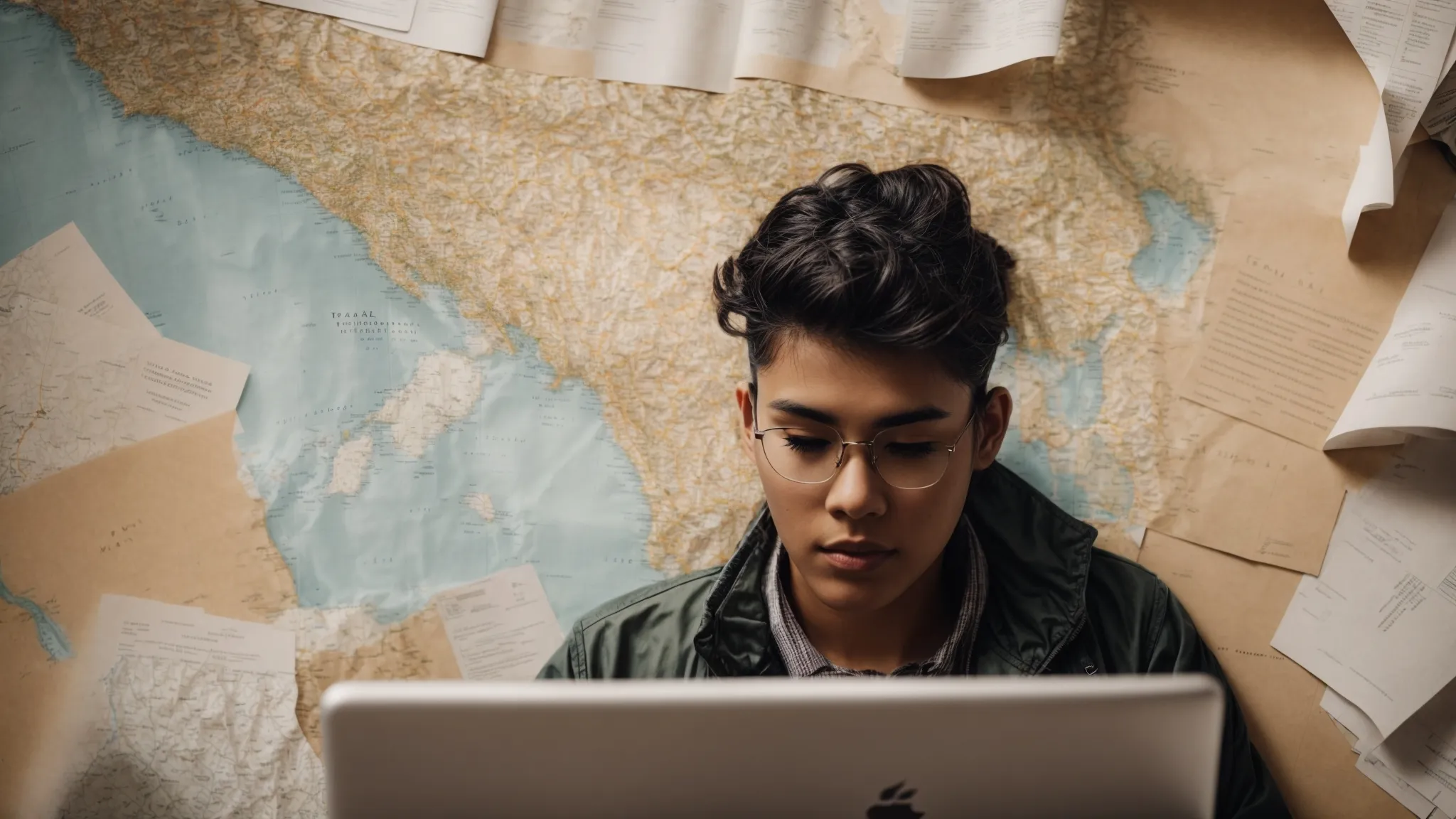 a focused individual types on a laptop, surrounded by papers and a map marked with various local landmarks.