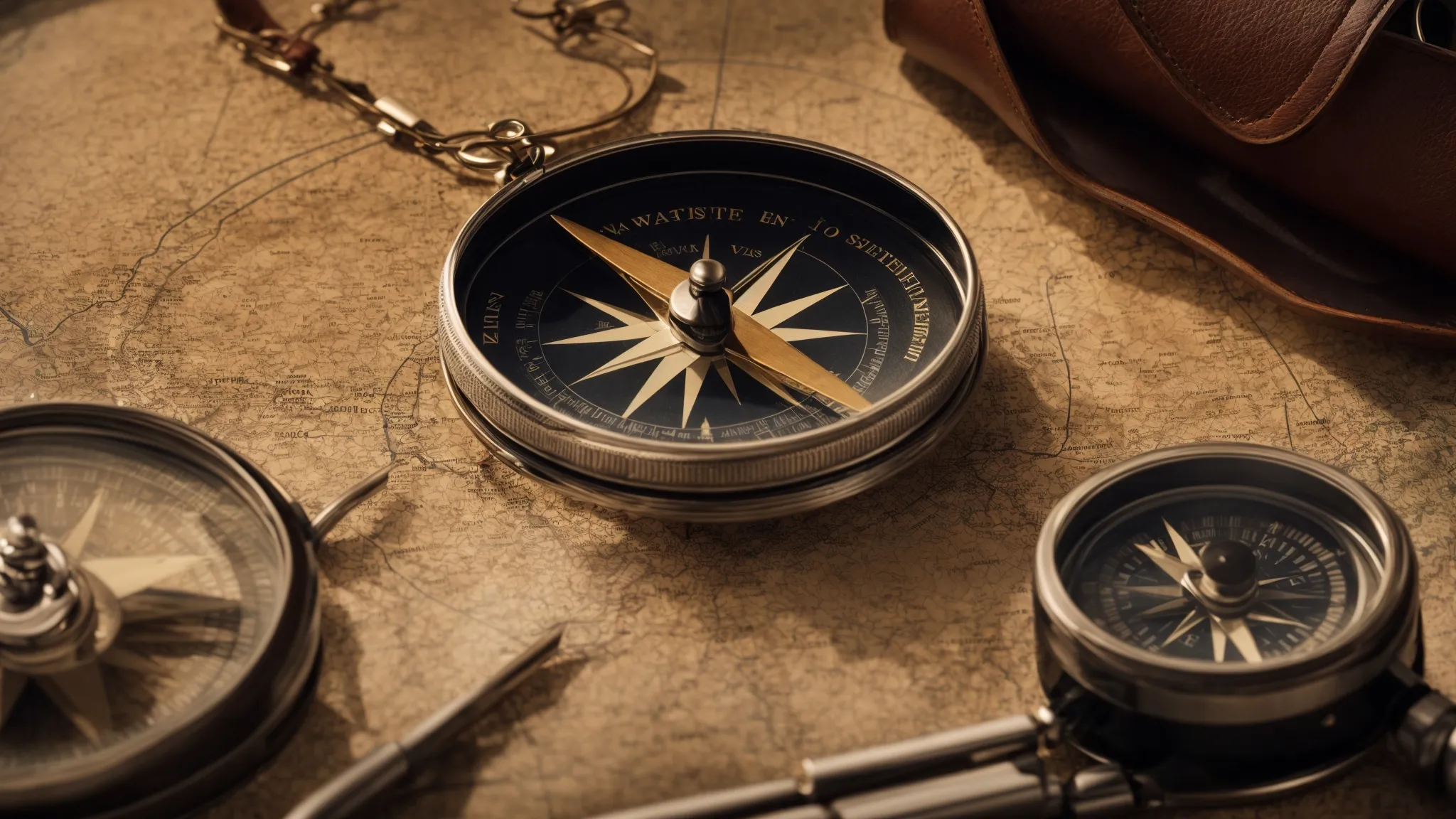 a compass on a map surrounded by various travel and research tools, embodying strategic navigation through the world of keyword exploration.