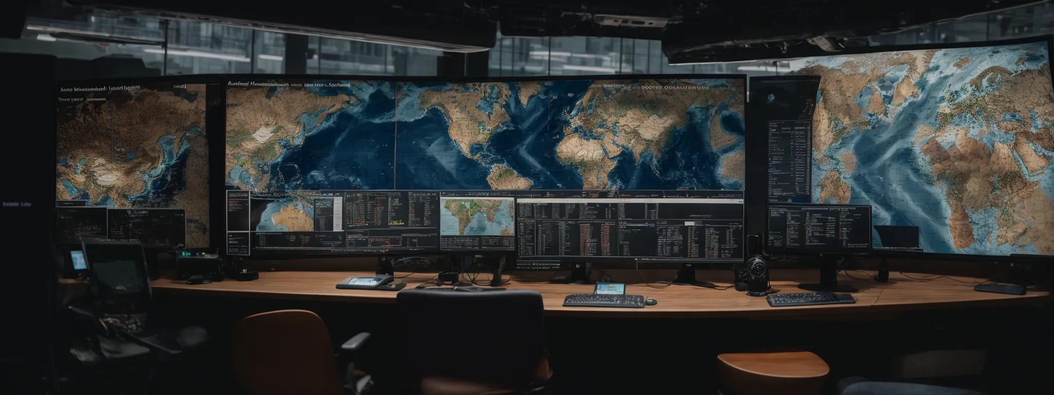 a globe surrounded by multiple computer screens displaying analytics graphs and world languages.