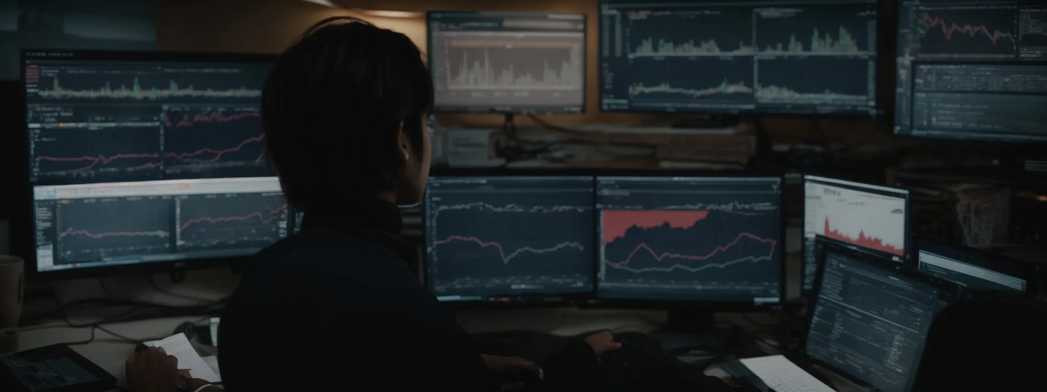a person sitting at a computer with multiple browser tabs open displaying various graphs and charts illustrating keyword performance statistics.