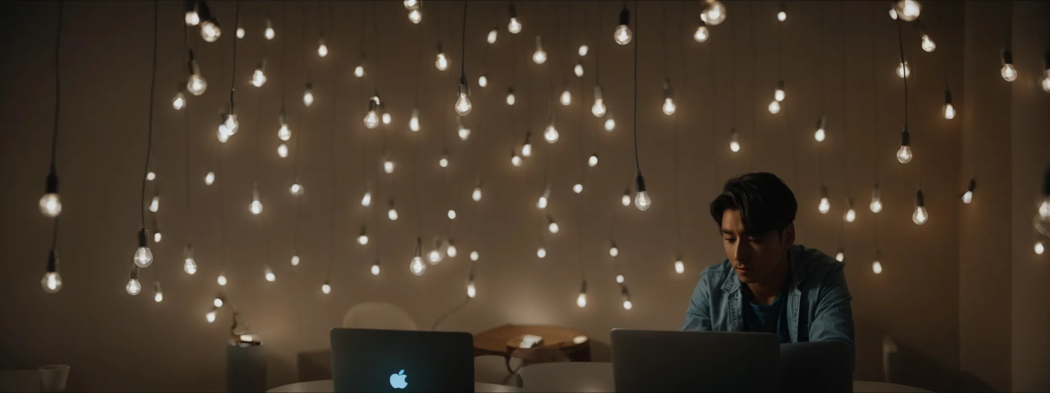 a person sitting in front of a laptop, surrounded by floating light bulbs symbolizing innovative ideas for keywords.