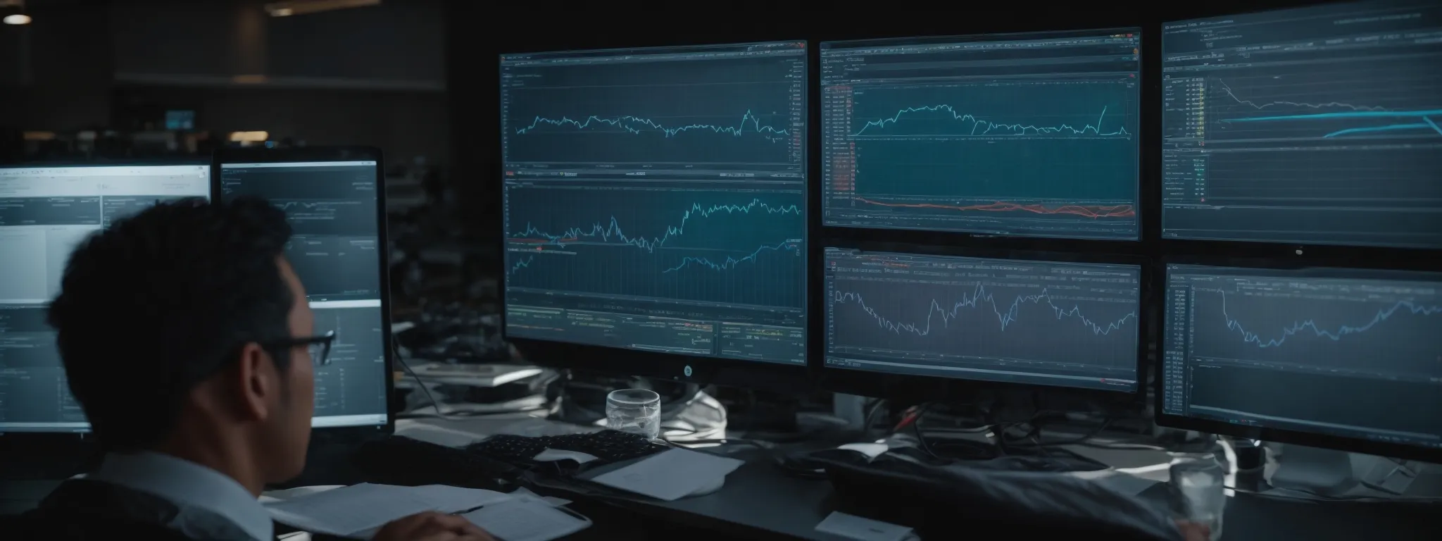 a focused professional analyzing data charts on a computer screen to optimize a website's content strategy.