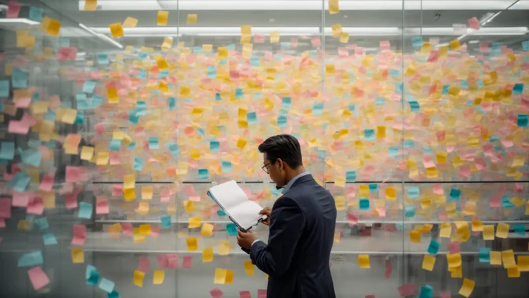 a marketer brainstorms over a notepad surrounded by colorful seo-concept sticky notes on a glass wall.