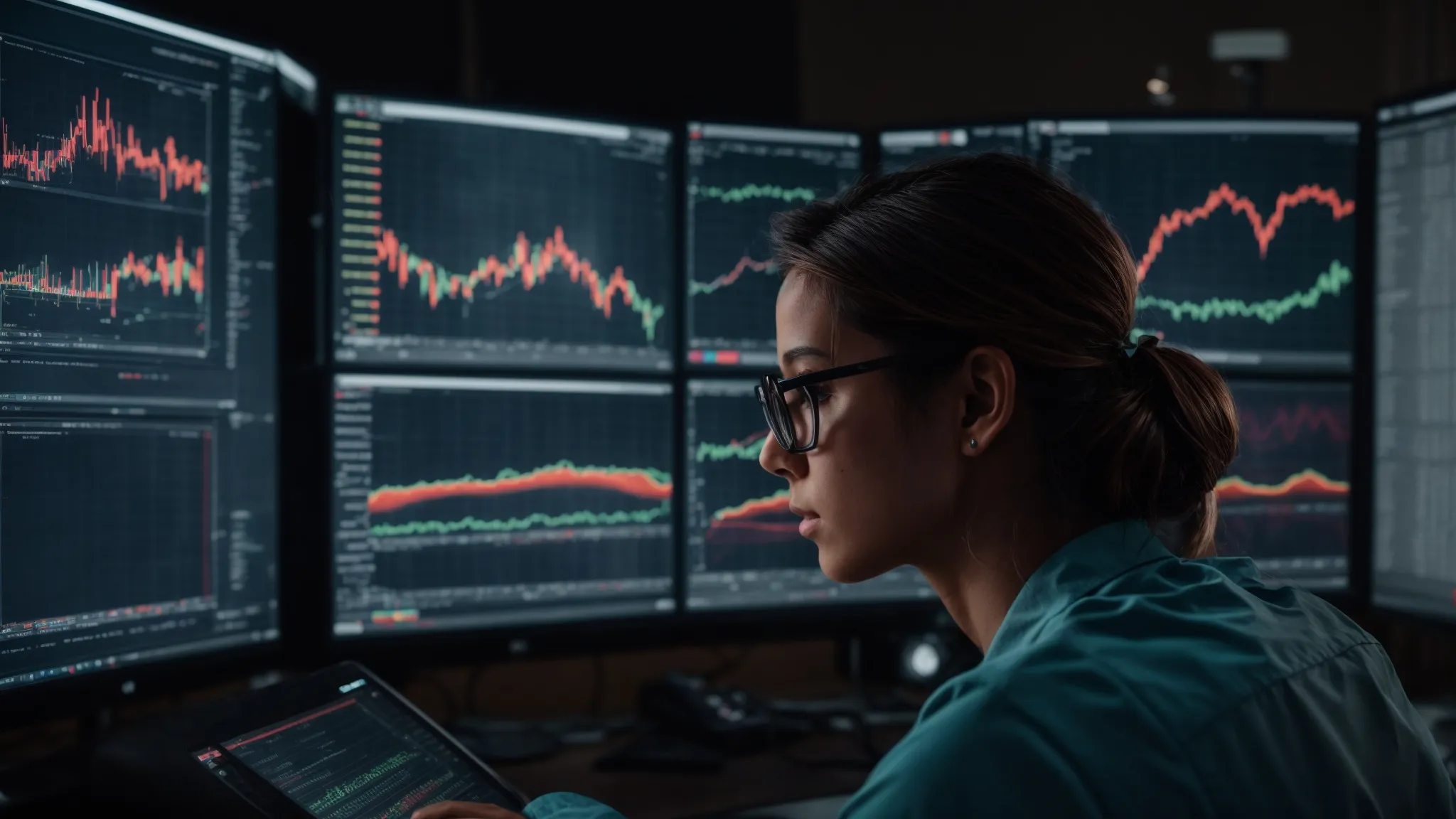 a person looking intensely at a computer screen with multiple charts and graphs displayed, symbolizing data analysis for seo optimization.