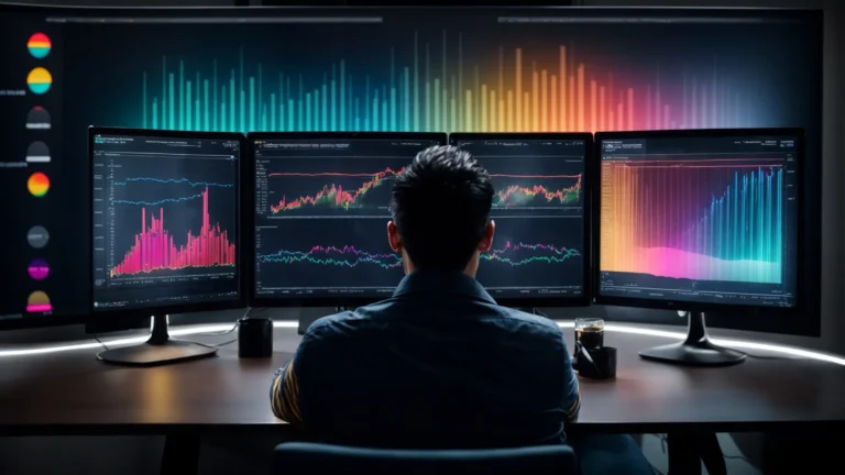 a person sits in front of dual computer monitors displaying colorful graphs and data analytics for website search engine rankings.