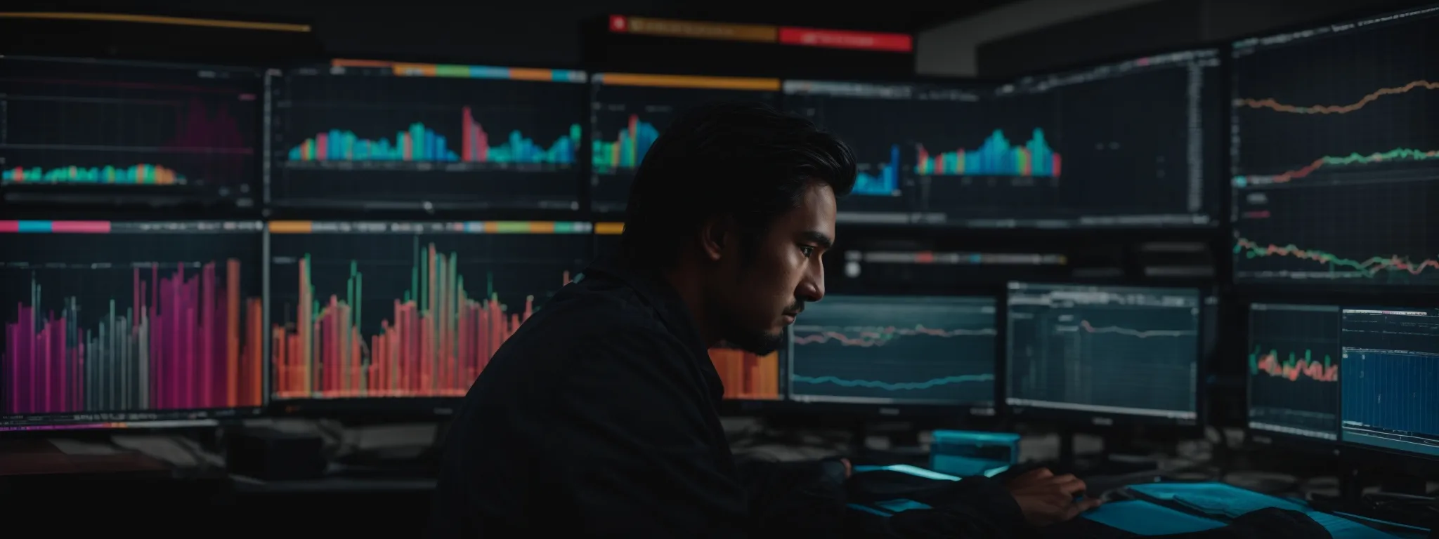 a focused individual sits before a large computer monitor, intensely scrutinizing a colorful data dashboard filled with keyword analytics and search volume graphs.