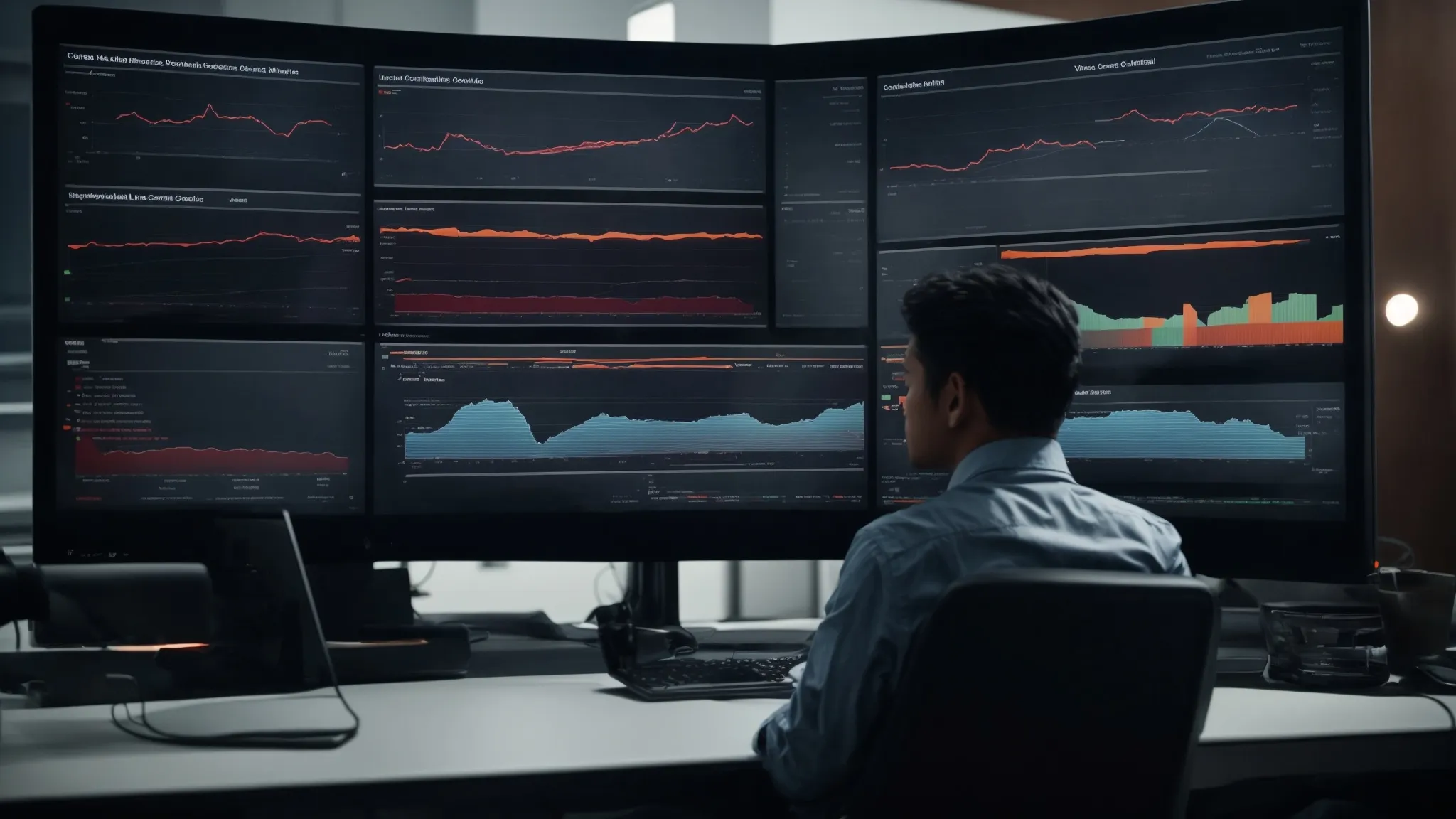 a person sitting before a large monitor displays a complex dashboard with various filtering options for streamlining seo strategy.