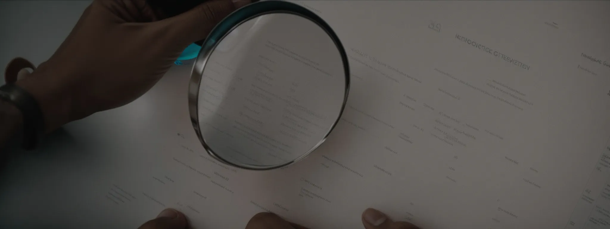 a person intensely examining a magnifying glass over a document titled 
