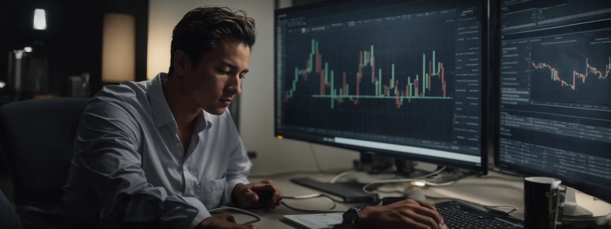 a focused individual analyzing graphs and data on a computer screen, representing strategic keyword research.