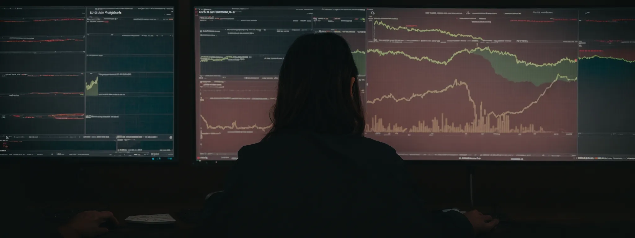 a person intently observing analytics on a computer screen showing youtube keyword trends and data visualizations.