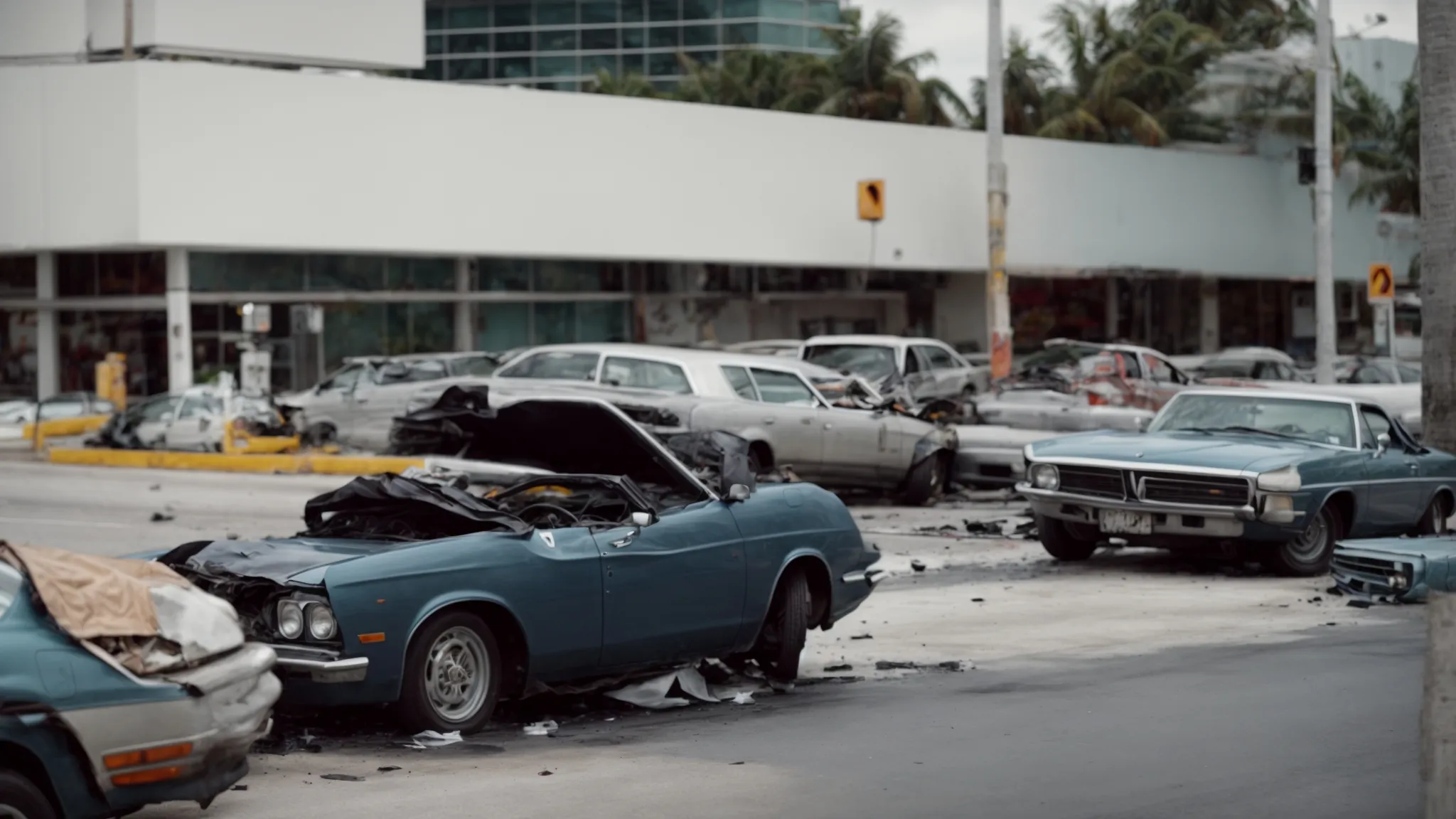 a car accident at a busy miami intersection with no visible logos or identifiers.