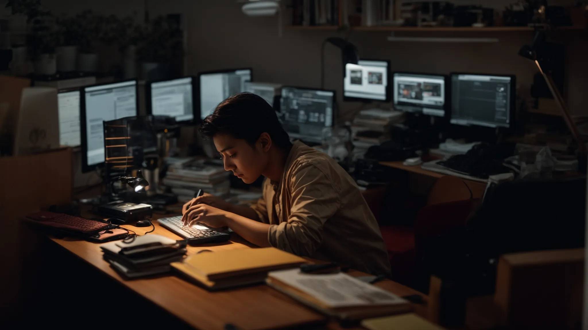 a person sitting at a cluttered desk, illuminated by the soft glow of a computer screen as they type intently.