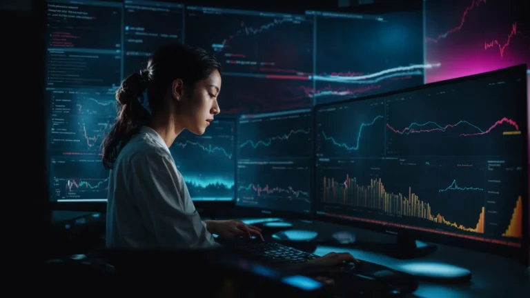 a focused individual interacts with a vibrant dashboard on a computer screen, showcasing various graphs and keyword analytics.