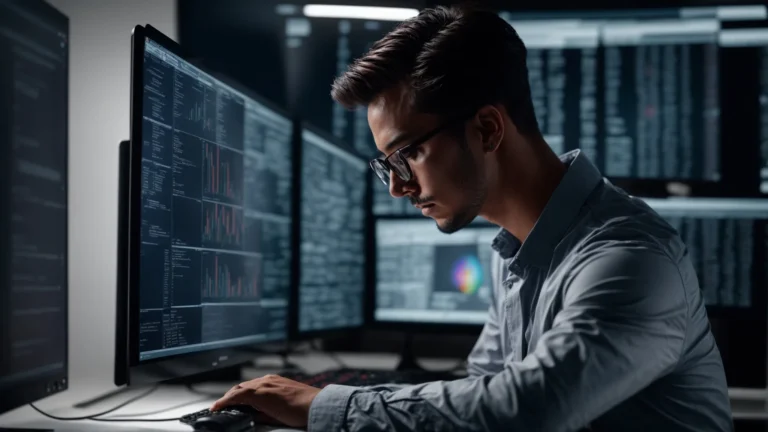 a researcher intently analyzes complex data visualizations on multiple computer screens, uncovering search engine keyword trends.
