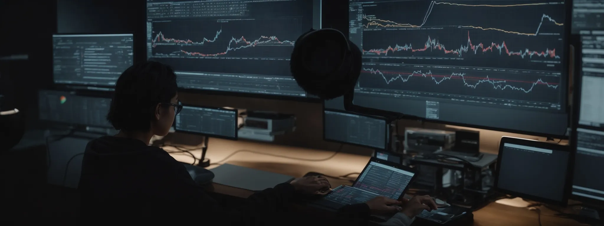 a person at a computer analyzing charts and graphs that represent search trends and user behavior data.