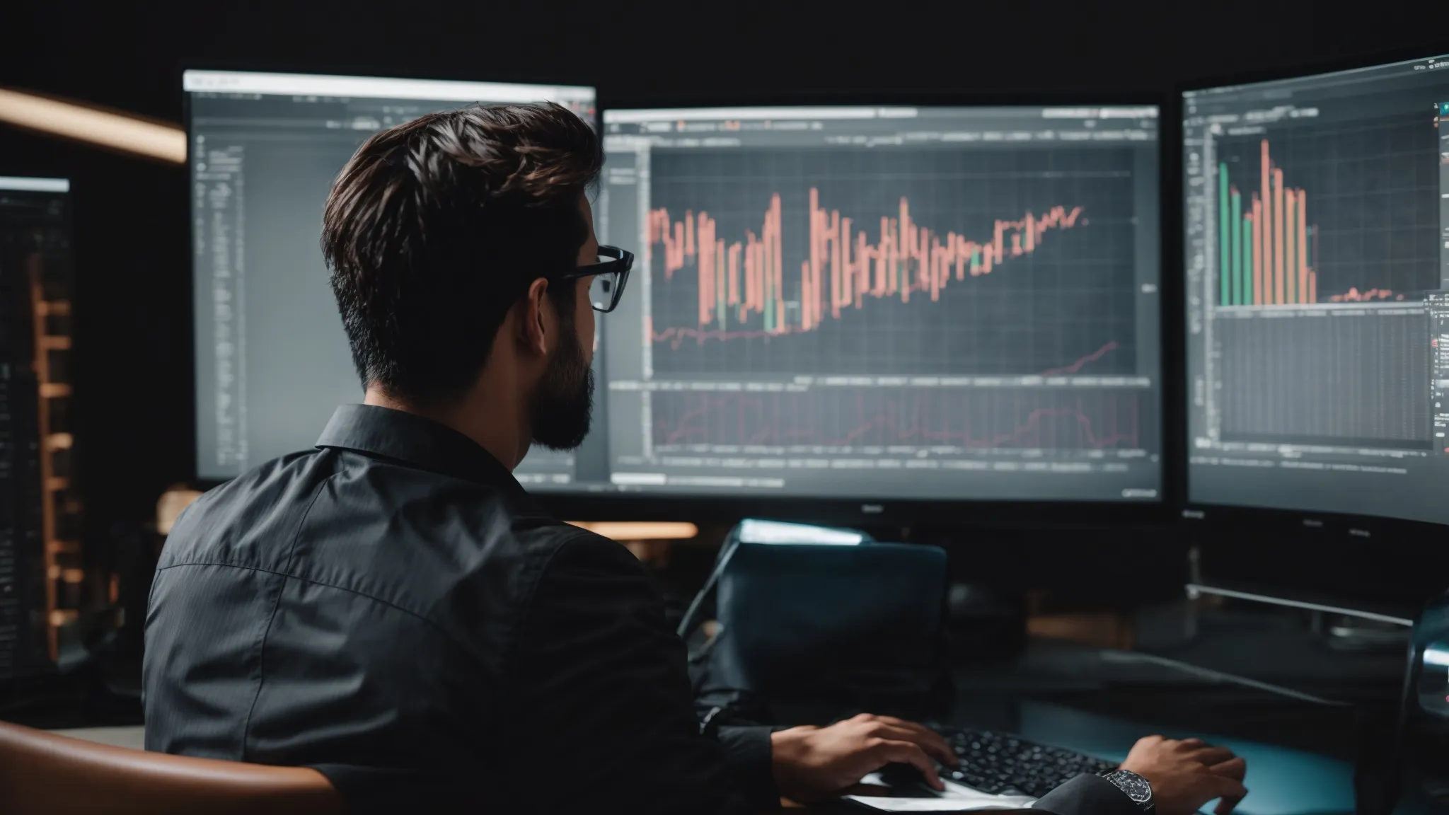 a content strategist reviewing analytic graphs on a computer screen, optimizing a website's seo plan.