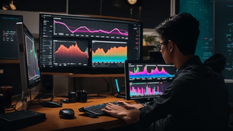 a person sitting in front of a computer displaying colorful graphs and charts for seo keyword analysis.